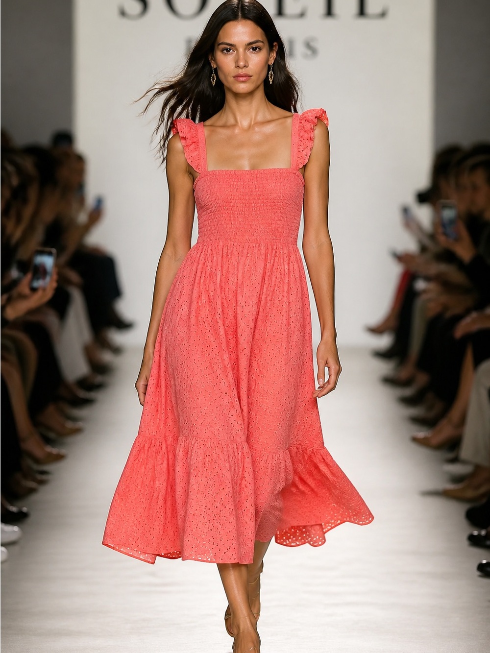 NWT Nanette Lepore Womens 14 Pink Eyelet Smocked Ruffle Strap Tiered Dress $148